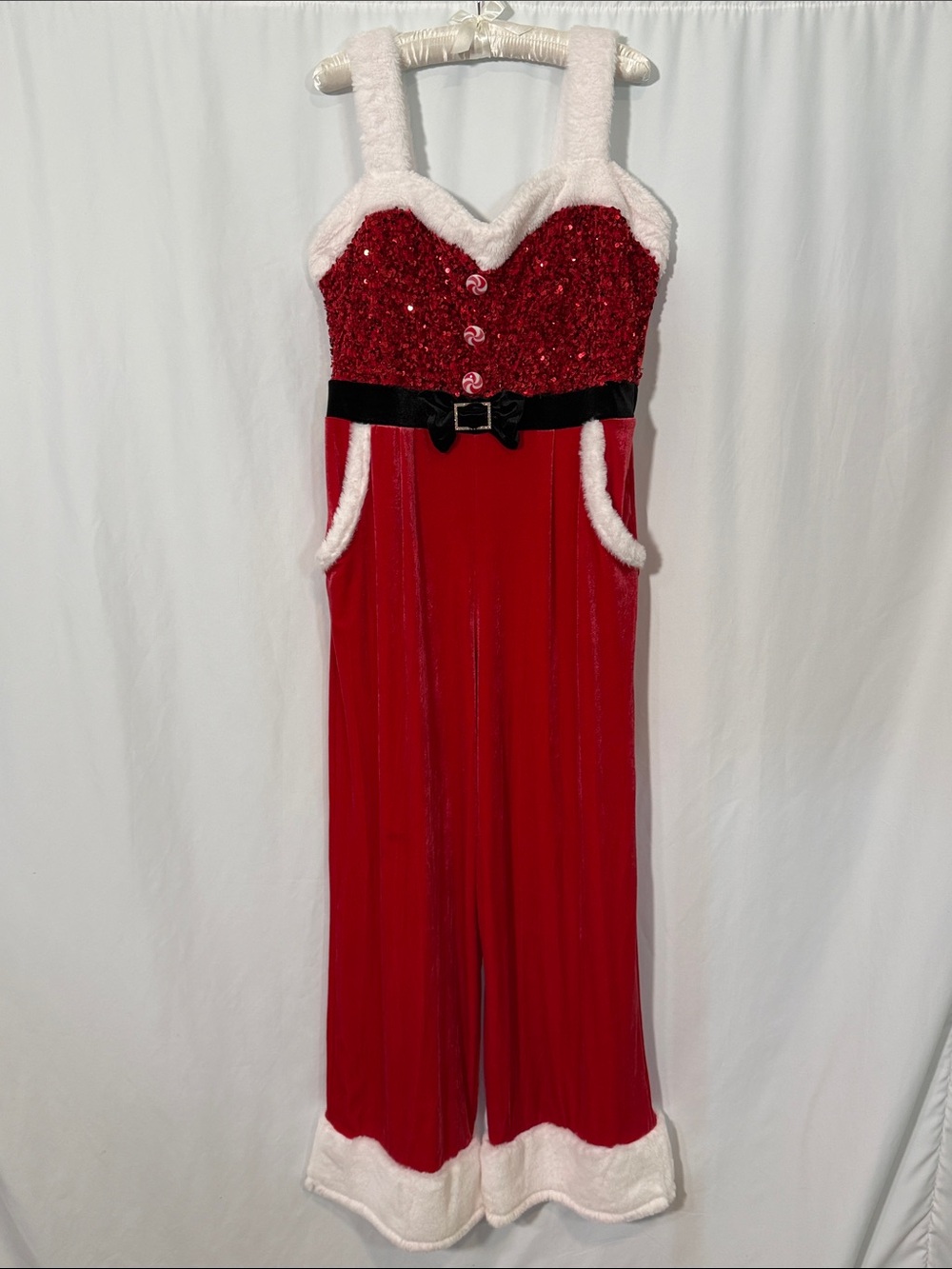 No Boundaries Red Sequin Holiday Jumpsuit with White Faux-Fur Trim